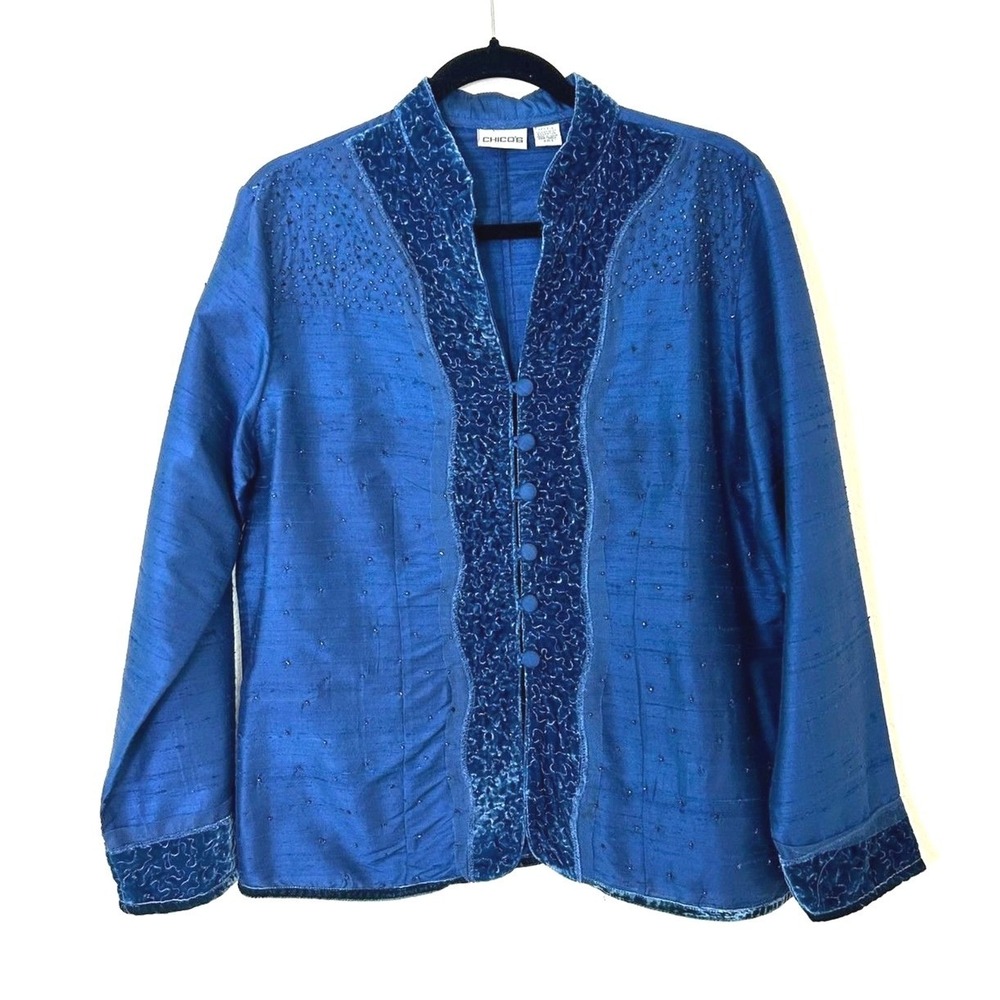 vintage Chicos‎ 100% Silk top Blue Womens 2 Velvet Lace artsy Bead ethereal Blue